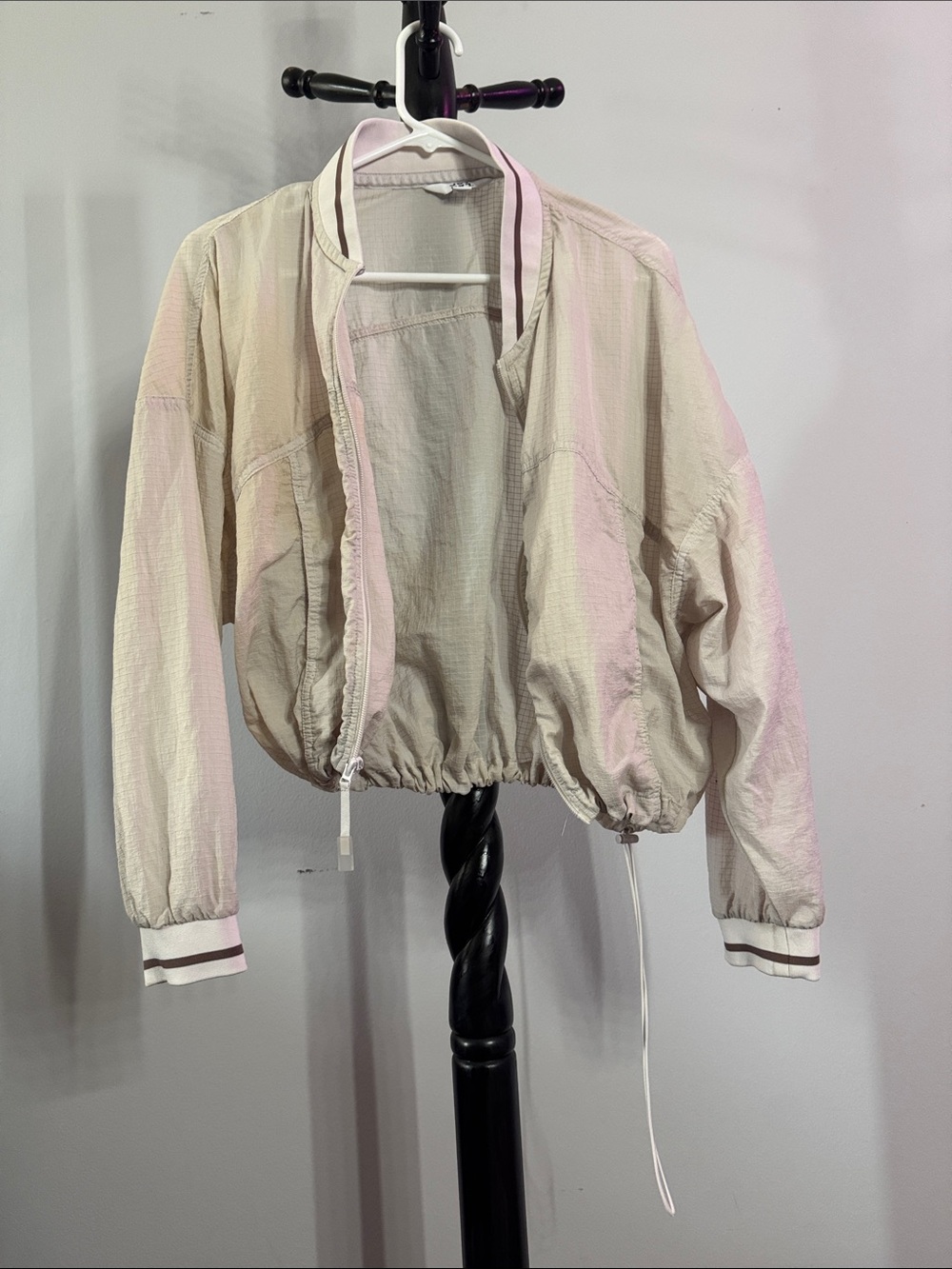 JoyLab Light Beige Bomber Jacket with Striped Trim